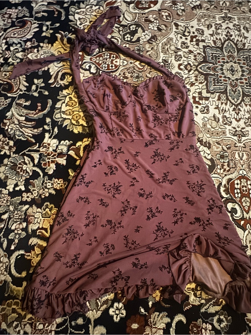 Halter-Neck Brown Floral Mini Dress by - Picture 1 of 1